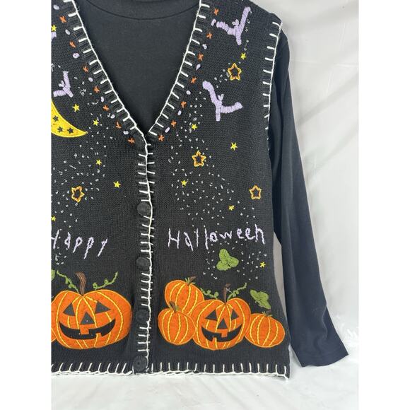 VTG Holiday Editions Halloween Sweater Vest Women XL Black Jack O Lantern Bats - Picture 13 of 14